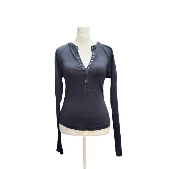 Free People Navy Blue Henley Shirt Bella Swan Elena Gilbert Sz Med Y2K Inspired - Picture 1 of 8